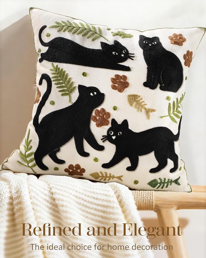 Animal Embroidered Throw Pillow Cover 18x18 Inch, Black Cat Leaves | Decorative Pillow Cover, Cottagecore Cushion Cases with Hidden Zipper, Farmhouse Decor for Couch, Sofa, Living Room