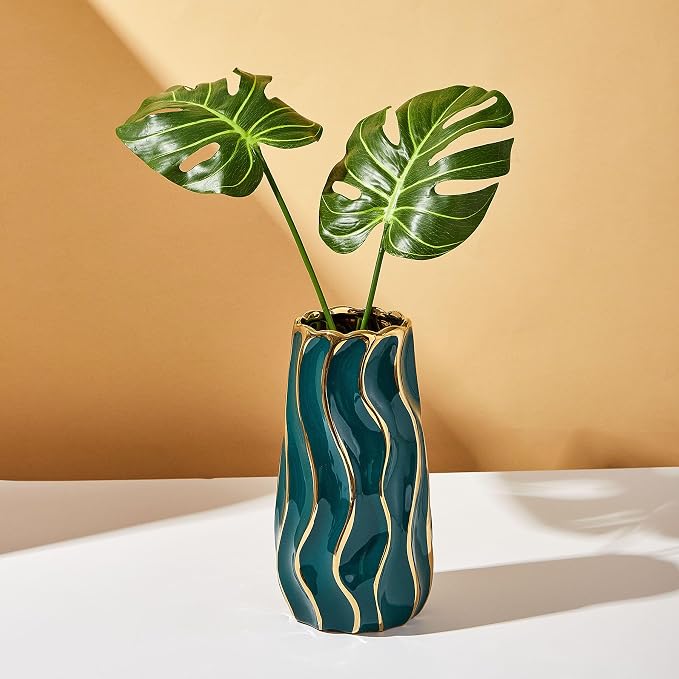 Ceramic Vase, Green Vase for Home Decor,Decorative Flower Vase, Vertical Stripe Ceramic Vases for Home Décor, Bedroom, Office, Living Room, Bathroom, Tabletop Decor, Centerpiece (Green)