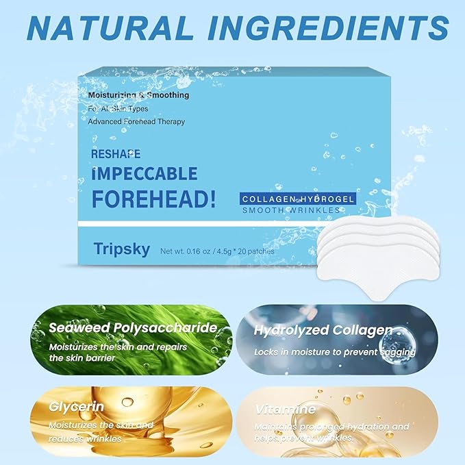 Tripsky Forehead Wrinkle Patches For Anti-Wrinkle, Overnight Facial Wrinkle Patches Jelly Pads With Collagen, Forehead Wrinkles Treatment Softening Fine Lines (White 20PCS)