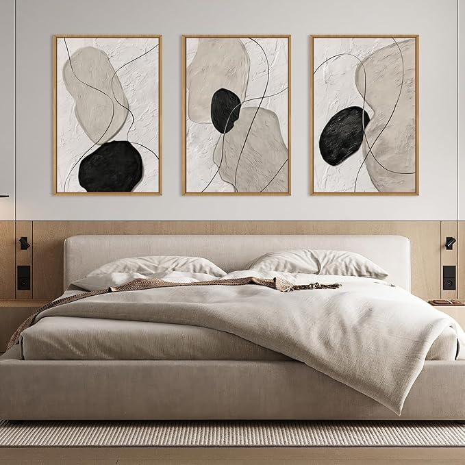 ANHUIB Neutral Abstract Wall Art Canvas,Mordern Geometric Wall Decor Framed,Contemporary Minimalist Artwork, Black Beige Canvas Prints, 3 Piece 16 * 24IN Painting for Living Room Bedroom Office