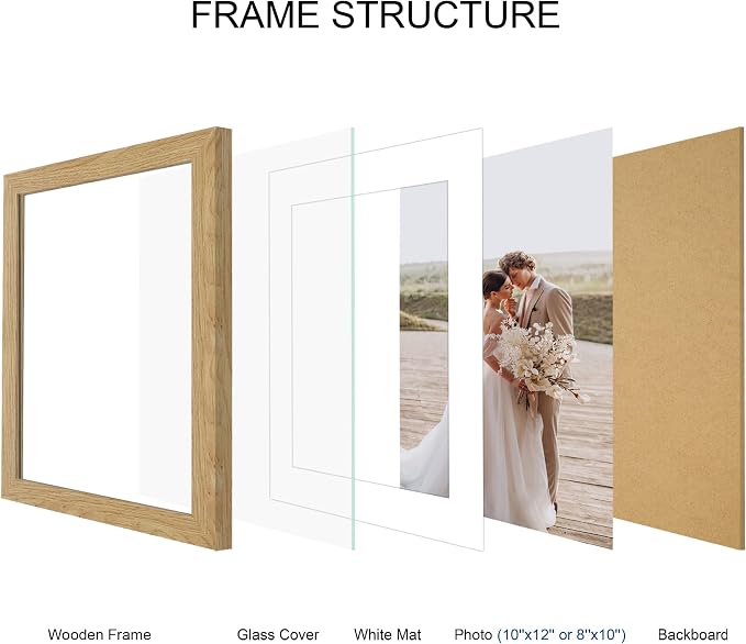 Hongkee 10x12 Picture Frame Set of 4, Made of Real Glass and Natural Oak Frame - Display Picture 8x10 with Mat or 10x12 Without Mat, 10 by 12 Photo for Wall Mounting