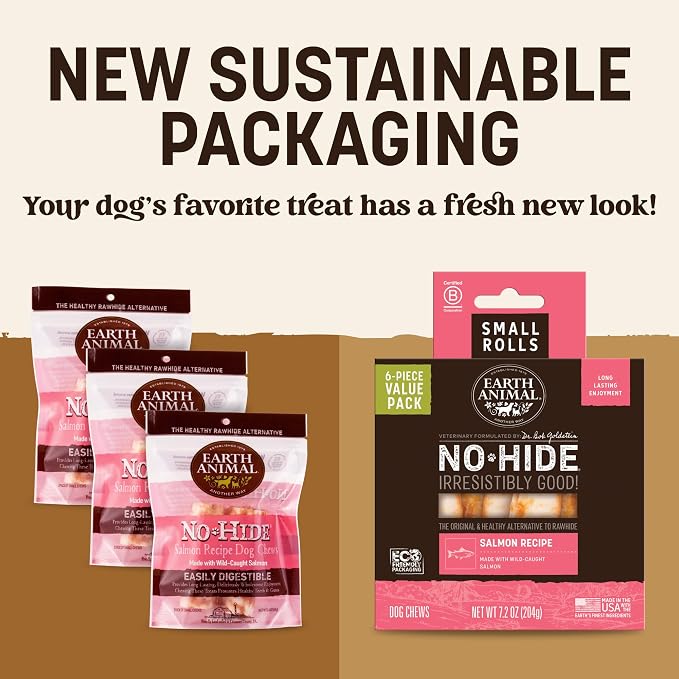 Earth Animal No Hide Dog Chews - Rawhide Free Small Rolls 6 Count Salmon | Small Rolls Salmon Flavored Natural Rawhide Free Long Lasting Dog Chews - Pet Treats for Small Dogs