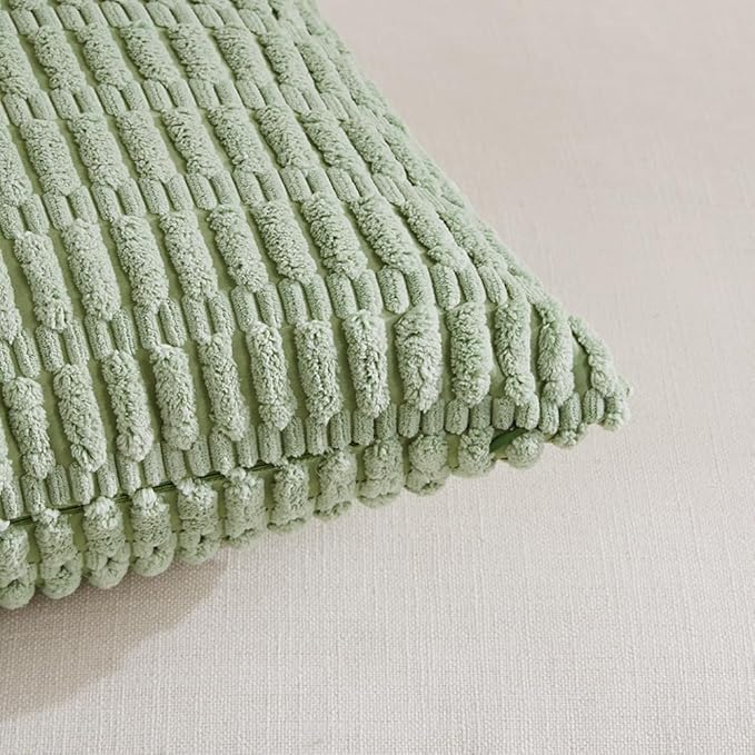 Fancy Homi Sage Green Lumbar Decorative Throw Pillow Covers 12x24 Inch for Living Room Couch Bed Sofa, Rustic Farmhouse Boho Home Decor, Soft Striped Corduroy Rectangle Cushion Case 30x60 cm