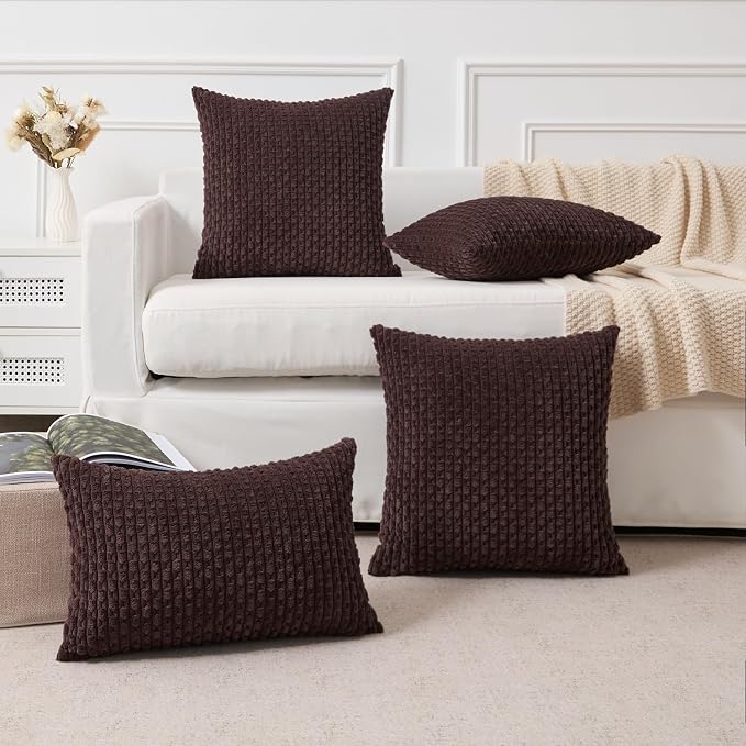 Kevin Textile Soft Corduroy 12"x24" Lumbar Pillow Cover 1 Pack, Coffee | Boho Stripe Plush Corduroy Decorative Oblong Cushion Cover Modern Farmhouse Home Decor for Sofa Couch Bed Chair