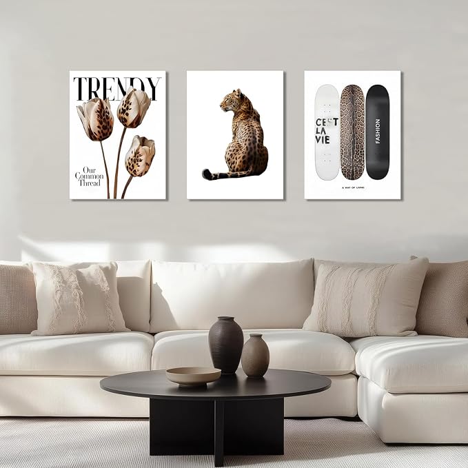 Trendy Leopard Canvas Wall Art Set of 3 Cheetah Printed Preppy Fashion Skateboard Wall Decor Preppy Room Aesthetic posters Prints for Girls Bedroom Apartment Dorm 16x24in Framed Decoration