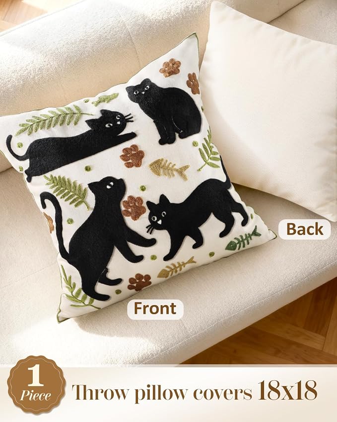 Animal Embroidered Throw Pillow Cover 18x18 Inch, Black Cat Leaves | Decorative Pillow Cover, Cottagecore Cushion Cases with Hidden Zipper, Farmhouse Decor for Couch, Sofa, Living Room