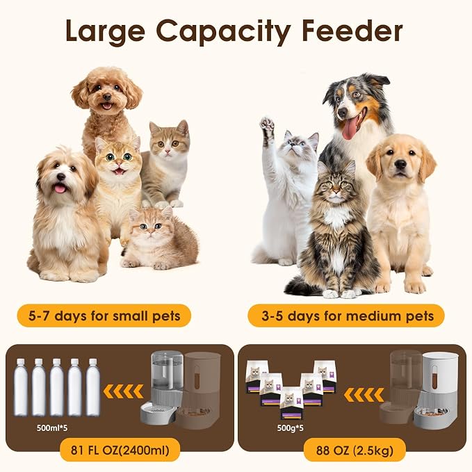 2 in 1 Automatic Gravity Cat Dog Feeder and Water Dispenser with 304 Stainless Steel Bowls, 360 Degree Rotatable Auto Food with 2 Specialized Brushes for Small Medium Pet Dog Puppy Kitten (Gray)