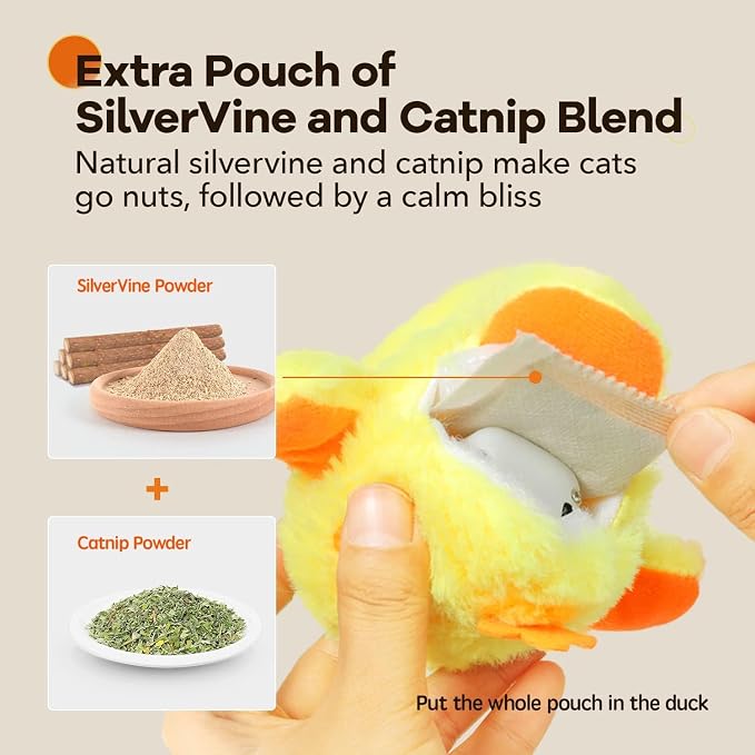 Potaroma Cat Toys Rechargeable Flapping Duck with SilverVine Catnip, Lifelike Quack Chirping, Touch Activated Kitten Kicker Plush Interactive Exercise Toys for All Breeds | Lifelike Quack Chirping, Touch Activated Kitten Kicker Plush Interactive Exerci...