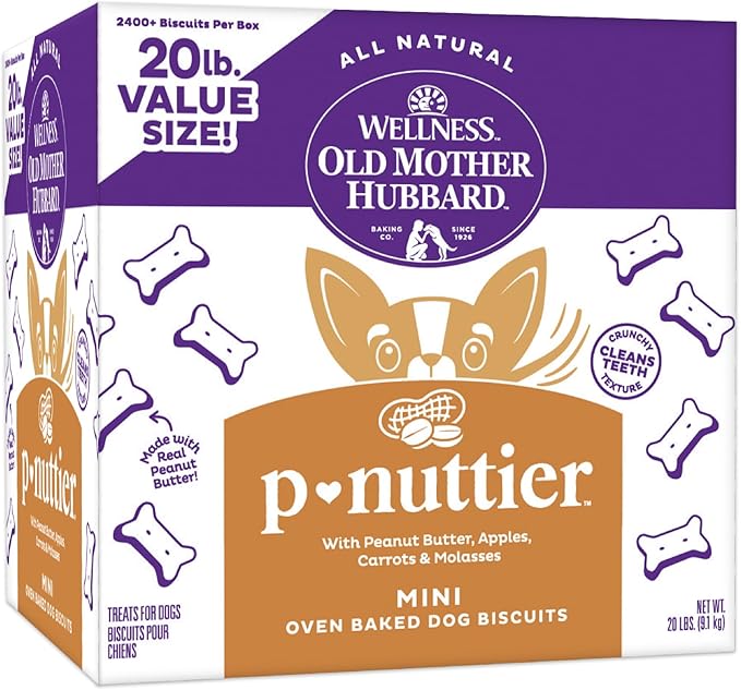 Wellness Old Mother Hubbard Classic P-Nuttier Dog Biscuits, Natural Training Treats, Peanut Butter Flavor, Mini Size, 20 lb Box