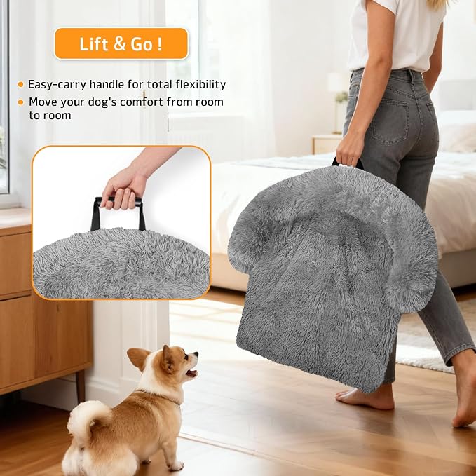 GGIB Calming Dog Bed Fluffy Plush Dog Mat for Furniture Protector with Removable Washable Cover for Large Medium Small Dogs and Cats (Large, Grey)