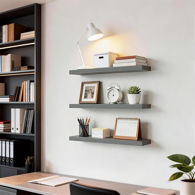 BAYKA Grey Floating Shelves 22.5in, Set of 3, Wall Mount Rustic Wood Shelf | Easy Install, 22lbs Max Load, Hidden Bracket, for Bathroom Bedroom Kitchen Display Storage Decor, Multi-Wall Compatible