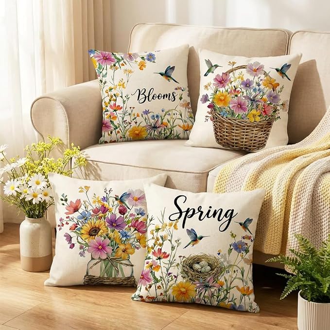 wyooxoo Throw Pillow Covers 18x18 Set of 4 Spring Pillow Covers Linen Flower Bird Farmhouse Cushion Case for Sofa Couch Living Room Outdoor Home Decor