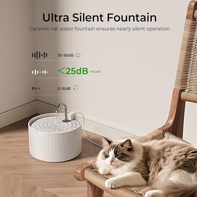 Voluas 2.2L Ceramic Cat Water Fountain with 1 Filter Automatic Pet Fountain | 74oz capacity, ceramic bowl, 4-layer filtration, ultra-quiet pump, faucet and bubbling modes, easy to clean, dishwasher-safe