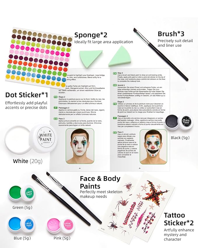 Lictin Black and White Face Body Paint with Green Pink Blue, Colorful Joker Makeup Face Paint, Professional Make Up Kit for Halloween, Costume, Cosplay, Carnivals for Adults & Kids