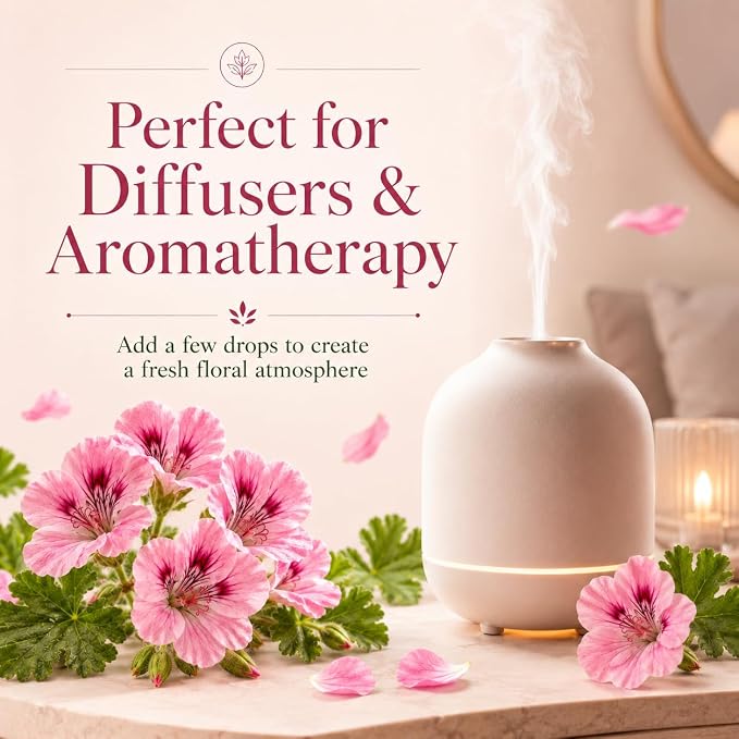 GreenHealth Rose Geranium Essential Oil 15 mL – Sweet Floral Aromatherapy Diffuser Oil, Undiluted Essential Oil for DIY Candles, Soap Making & Home Fragrance