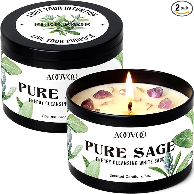 AOOVOO 2 Pack Sage Candles - Cleansing Candle with Crystals & Sage Leaves Inside, 13oz 100 Hours Long Lasting, Non Toxic Candle for Spiritual House Energy Meditation Yoga