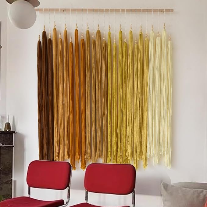 IOWER Macrame Wall Hanging Beaded Tassel Yarn Art Boho Tapestry 39" W*45" L | Yellow Yarn Art, Boho Style, Nursery Wall Decor, Bedroom Living Room Wall Art, Farmhouse Decor, Handmade Craft, Office Decor
