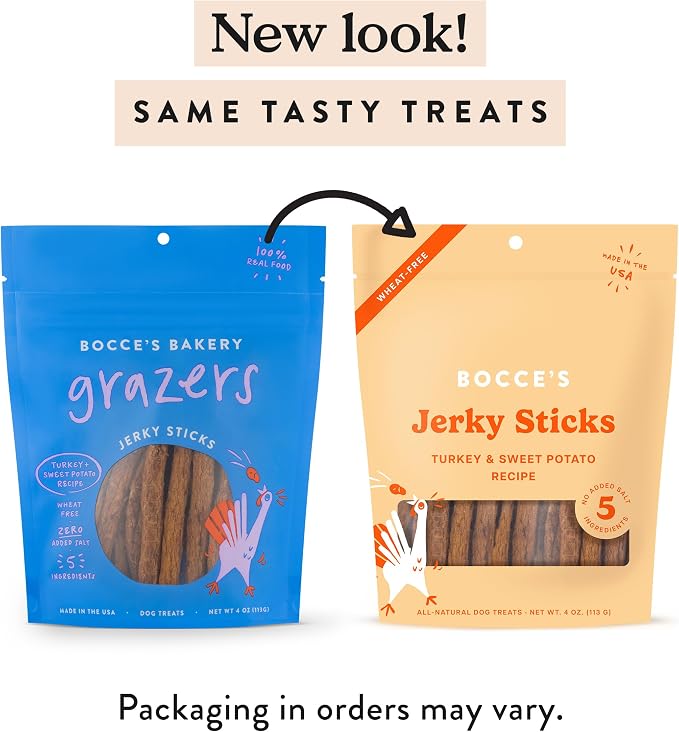 Bocce's Bakery Turkey & Sweet Potato Flavor Jerky Stick Dog Treats, 4 oz | High-Protein, Wheat-Free, Limited-Ingredient Treats with No Added Salt or Sugar - Baked in The USA