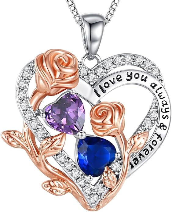I Love You Birthstone Necklace, 925 Sterling Silver Heart Pendant with CZ Diamond Stones, Birthday Gifts for Women, Romantic Gift for Wife, Girlfriend, Her, Anniversary, Valentine's Day, Christmas