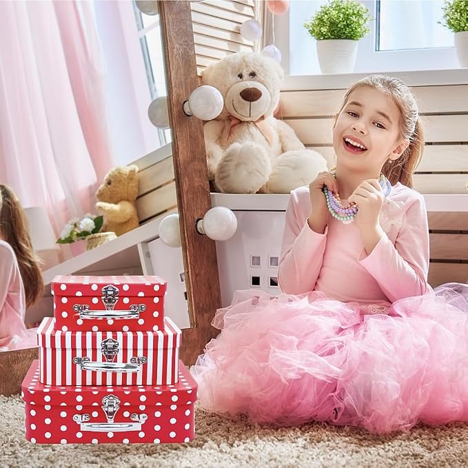 Paperboard Suitcases Set of 3 Decorative Storage Boxes With Lids, Red Gift Boxes With Lids, Nesting Gift Boxes for Disney Toys Barbie Doll Kids, Christmas or New Year Decoration
