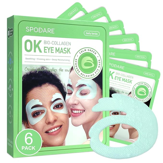 Bio-Collagen OK Eye Mask, Firming & Hydrating Under Eye Patches for Puffy Eyes and Dark Circles, Deep Moisturizing & Soothing Eye Mask for Women and Men - 6 Pairs, Calm Green