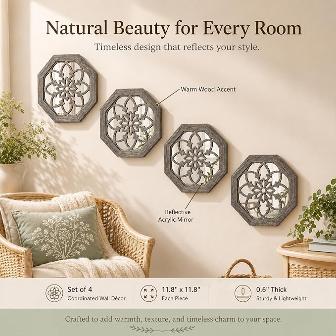 4 Pack 12 Inch Octagon Brown Rustic Wood Frame Acrylic Wall Mirrors, Farmhouse Boho Wall Art Decor for Living Room, Bedroom, Hallway, Entryway, Bathroom & Office