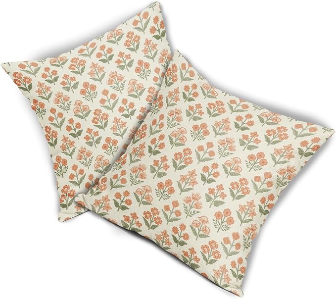 Orange Green Floral Block Print Pillow Covers 20x20 Inch Set of 2, Vintage Flower Pattern Decorative Throw Pillowcases Outdoor Farmhouse Cushion Covers Spring Summer Rustic Sofa Couch Bed Decor