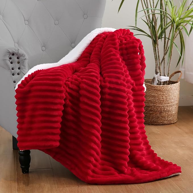 Red Sherpa Fleece Throw Blanket 50”×60” for Couch Sofa Bed | Double Side Soft Fuzzy Cozy Plush Thick Flannel Blanket with Striped Design Gift for Adults,Woman