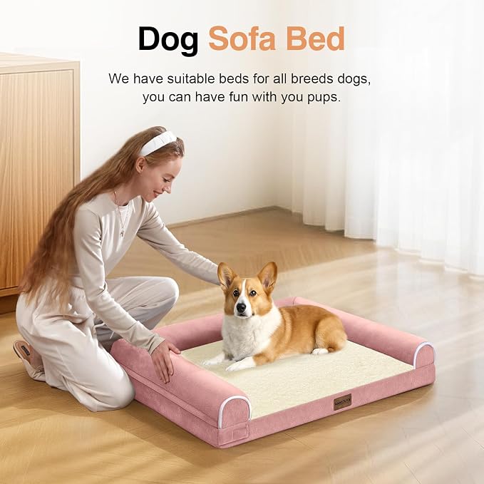 Orthopedic Dog Bed for Medium Dogs, 28 x 19 Inch, Pink | Egg crate foam for joint support, 3-sided bolster pet sofa, waterproof lining, washable cover, and non-skid base