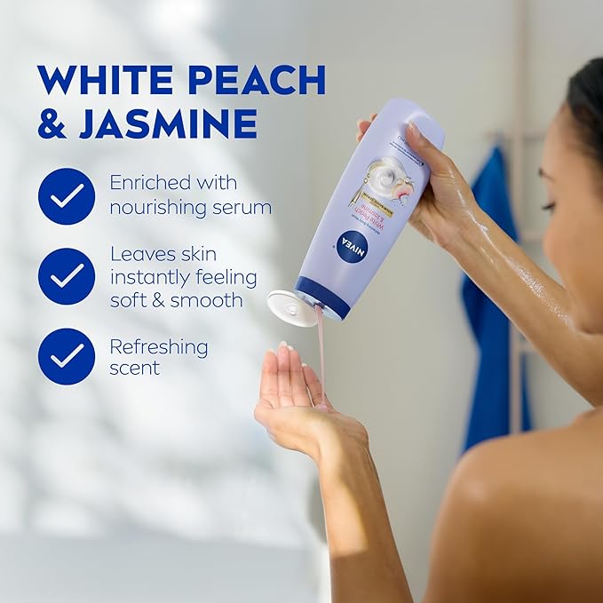 NIVEA Refreshing White Peach and Jasmine Body Wash with Nourishing Serum, Scented Body Wash for Women, Enriched with Provitamin B5 and Vitamin E, 20 Fl Oz Bottle, (Pack of 2)