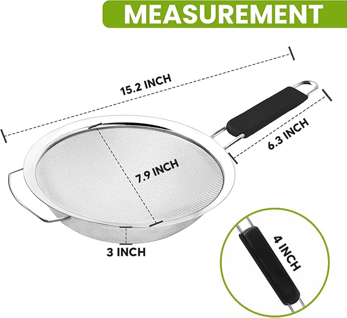 8" Large Fine Mesh Strainer with thermo plastic rubber handle - Sieve Fine Mesh Stainless Steel - Ideal to Strain Pasta, Quinoa and Rice.