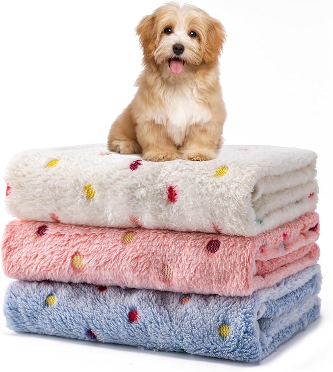 1 Pack 3 Blankets Fluffy Premium Fleece Soft Pet Blanket Flannel Throw for Cat Dog Puppy (Large 41x31'', Dot-White/Pink/Blue)