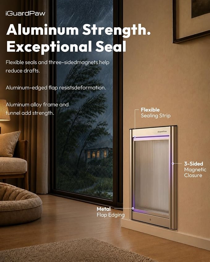 Automatic Dog Door for Wall, Smart Dog Door with Collar Sensor, M | aluminum, collar-activated, scheduled access, pet-only access, adjustable sensing range, anti-pinch, wall-mounted M, silver