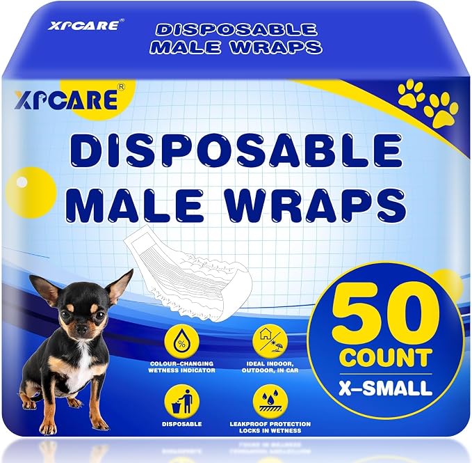 50 Count Disposable Dog Diapers Male with Wetness Indicator(X-Small) | Dog Belly Band Belly Bands for Male Dogs Male Dog Wraps,Super Absorbent Leak-Proof Fit for Incontinence Marking