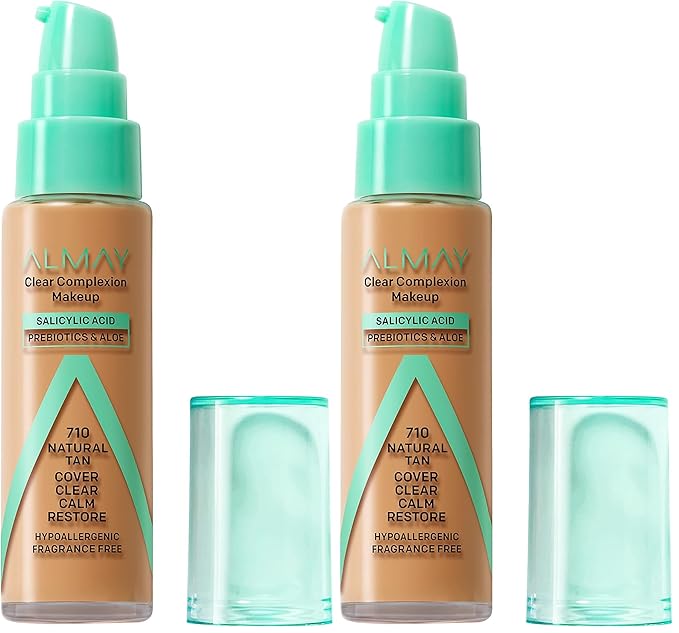 Almay Clear Complexion Acne Foundation Makeup with Salicylic Acid - Lightweight, Medium Coverage, Hypoallergenic, Fragrance-Free, for Sensitive Skin, 710 Natural Tan, 1 fl oz. (Pack of 2)