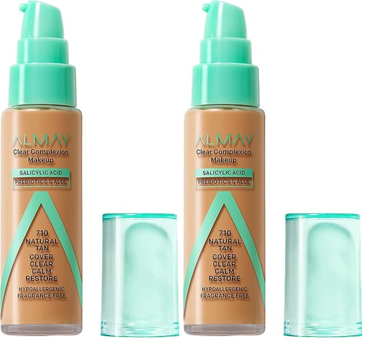 Almay Clear Complexion Acne Foundation Makeup with Salicylic Acid - Lightweight, Medium Coverage, Hypoallergenic, Fragrance-Free, for Sensitive Skin, 710 Natural Tan, 1 fl oz. (Pack of 2)