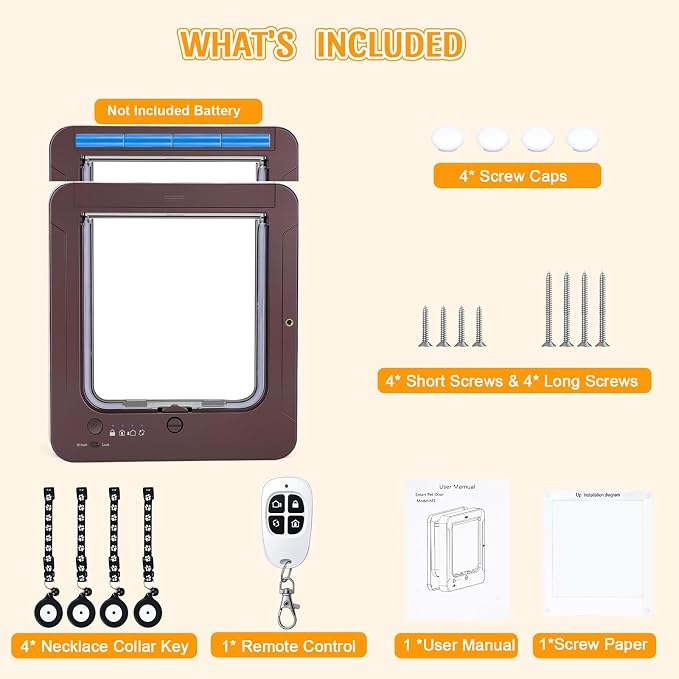 Smart Cat Door with 4 Collar Sensor Key, RFID Cat Door Collar Activated with Remote Control, 4 Way Locking Cat Flap Automatic Pet Door Interior & Exterior(Brown)