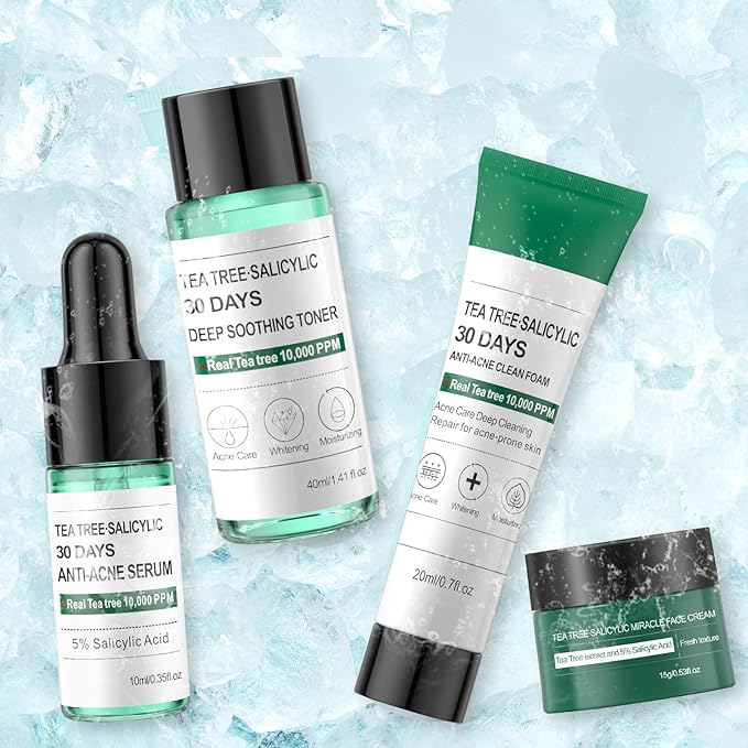 Tea Tree Salicylic Acid Facial Skin Care Set, Travel Size Set Cystic Hormonal Acne Treatment Face Wash Cleanser, Facial Toner Cream Moisturizer Travel Essentials for Pimple