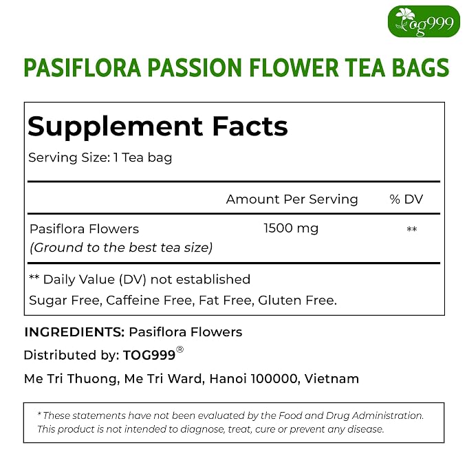 TOG999, Premium 60 Pasiflora Pasion Flower Tea Bags, 100% Natural & Pure. Herbal Tea. No Sugar, No Caffeine, No Gluten, Vegan. (60 Bags Passiflora Flower)