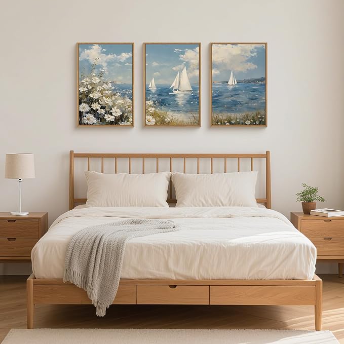 FWIEXA Beach Coastal Wildflower Canvas Wall Art Framed, Ocean Sailboats Pictures Wall Decor, Flower Seascape Painting, 3 Pieces 16x24In Nautical Blue Sky Artwork for Living Room, Bedroom, Bathroom, Rustic Farmhouse