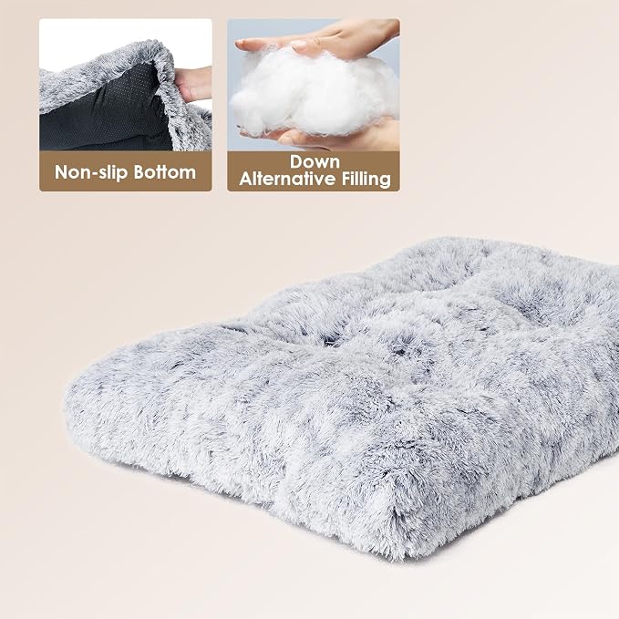 EHEYCIGA Fluffy Dog Crate Bed for Medium Dogs, Plush Crate Pad, Grey | Calming Anti Anxiety Medium Dog Bed, Washable Soft Warm Faux Fur Crate Mat with Non-Slip Bottom
