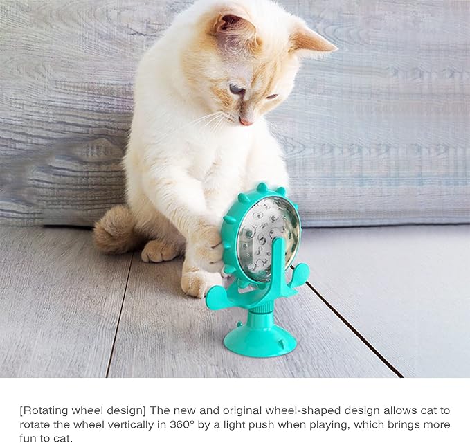 Interactive Cat Food Treats Dispenser Toy for Indoor Cats, 360° Rotating Windmill Suction Cup Toys for Small Pet, Puzzle Original Slow Dog Feeder Snack Distribution & Exercise Wheel Toy (Lake Blue)