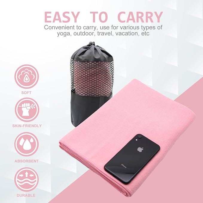 Eunzel 2 Pack Hot Yoga Towel with Grip Dot, Non Slip Yoga Mat Towe Sweat Absorbent Towel for Hot Yoga,Bikram, Pilates and Fitness 72" x 24", Pink