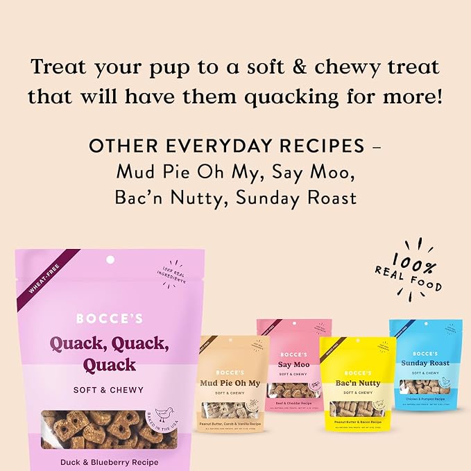 Bocce's Bakery Quack Quack Quack Soft & Chewy Dog Treats (Duck & Blueberry) | Oven Baked, Wheat-Free Everyday Dog Treat Cookies - Made with Real, Limited Ingredients and Baked in The USA (6 oz)