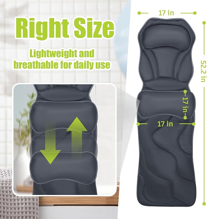 Bathland Full Body Bath Pillow for Tub - Extra Long & Thick Tub Pillow with Head, Back & Lumbar Support, 168 Non-Slip Suction Cups, Soft 5D Mesh Spa Cushion, Fits All Tubs-Gift for Soaking(Gray)