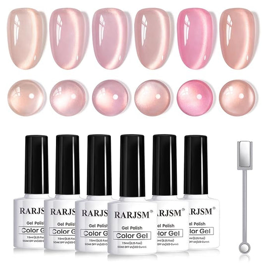 RARJSM Champagne Gold Glitter Cat Eye Gel Nail Polish Set 6Pcs Nude Pink Light Purple Velvet Ice Jelly Shimmer Ceramic Cateye Gelpolish with Magnetic Stick UV LED Curing Require Home Salon Manicure