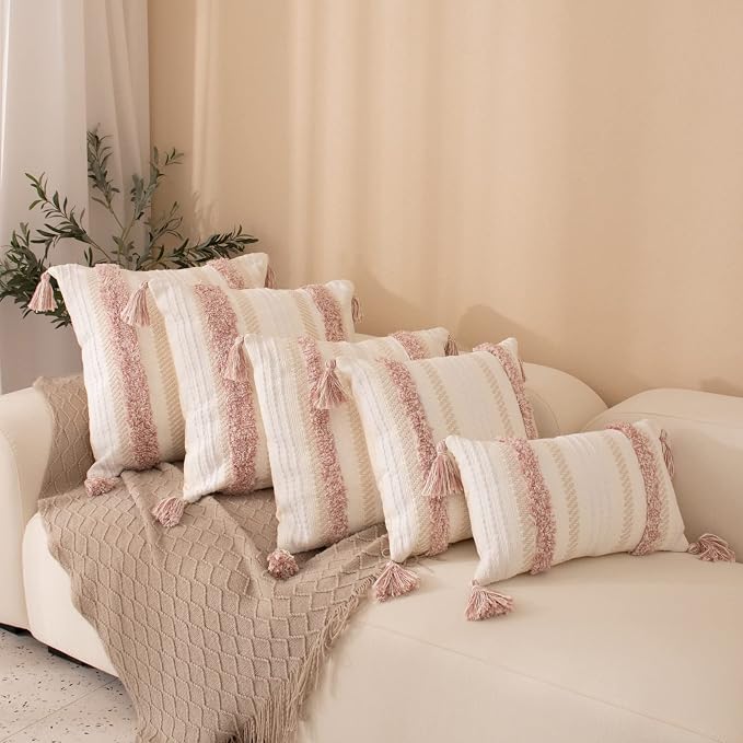 Boho Pink Pillow Covers 20x20 Inch Tufted Tassel Square Throw | Pink tufted square cushion case with tassels, boho decor for living room