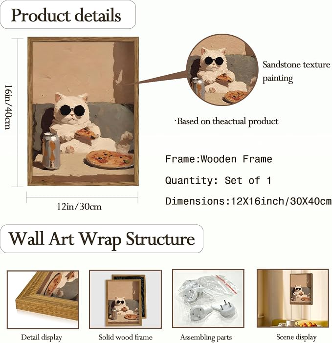 Funny Kitchen Cat Wall Art, Whimsical Animal Wall Decor Painting 3D Textured Sandstone Poster Picture Print Cute Cat Artwork for Bedroom Dining Room Nursery 12x16 inch Wood Framed