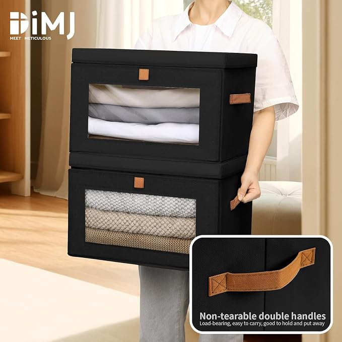 DIMJ Storage Bins with Lids - 5 Pack Large Fabric Closet Organizer with Window & Handles, Collapsible Decorative Storage Boxes for Shelves Under Bed, Books Clothes Blankets Sweaters Organization