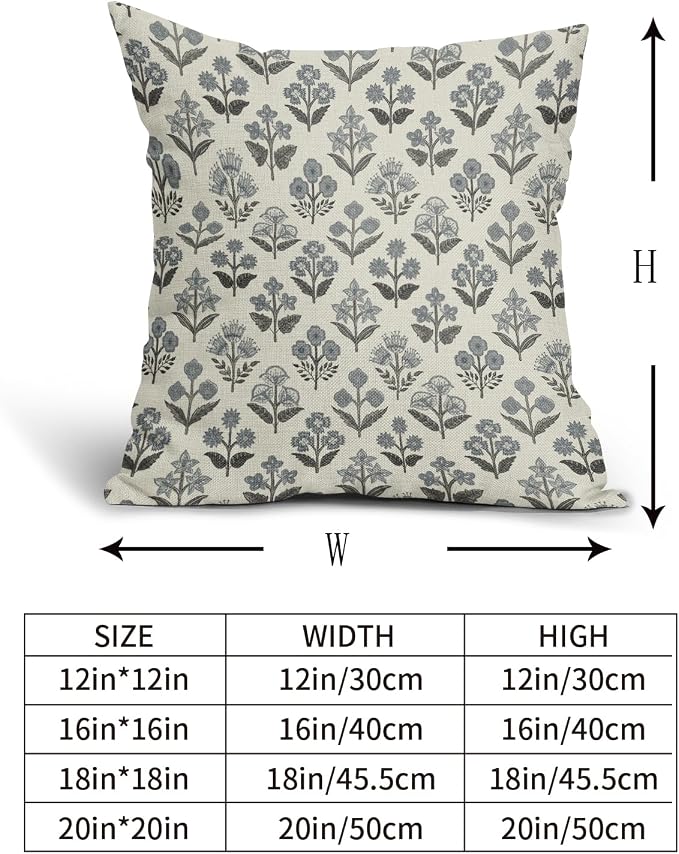 Black Dusty Blue Floral Pillow Covers 18x18 Inch Set of 2, Vintage Flower Block Print Pattern Decorative Throw Pillowcases Outdoor Farmhouse Cushion Covers Rustic Neutral Sofa Couch Bed Decor